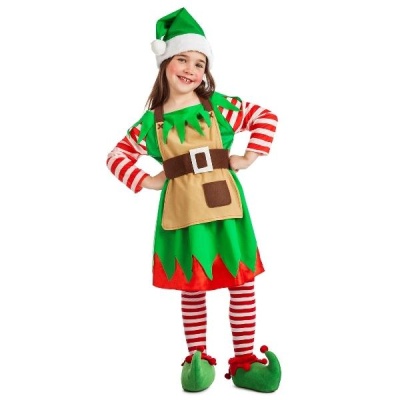 Roupa de elfo de Natal para criança com vestido verde, avental castanho, leggings às riscas vermelho e branco, chapéu verde e sapatinhos verdes com sinos.