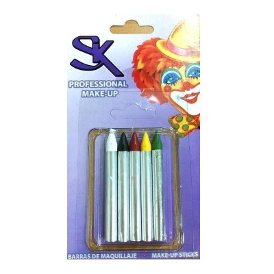 Conjunto de barras de maquilhagem coloridas em embalagem com ilustração de palhaço