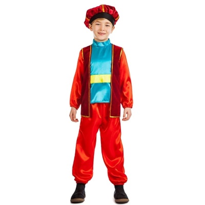 Fato infantil vermelho, azul e amarelo com chapéu vermelho acetinado