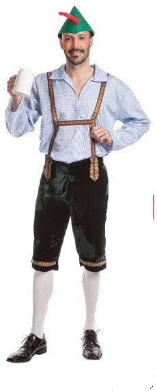 Homem com traje tradicional bávaro segurando caneca de cerveja branca
