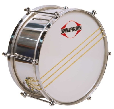 Tambor de percussão metálico com peles brancas e logo CONTEMPORÂNEA