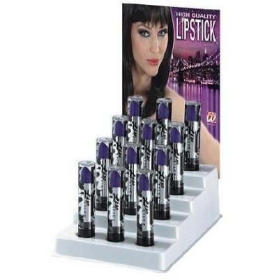 Expositor branco com 12 batons roxos e painel promocional com foto de mulher e texto HIGH QUALITY LIPSTICK