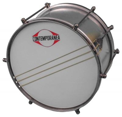 Tambor metálico com pele branca e cordas douradas da marca CONTEMPORÂNEA