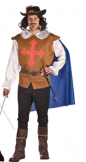 Fato de mosqueteiro com camisa branca, colete castanho com cruz vermelha, capa azul e botas castanhas