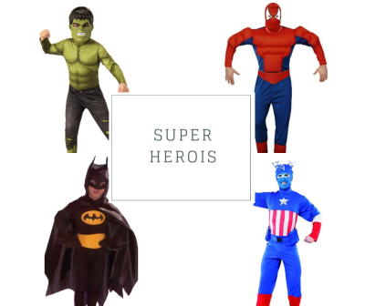 Fatos de super-heróis para crianças com Hulk, Homem-Aranha, Batman e Capitão América com texto SUPER HEROIS no centro