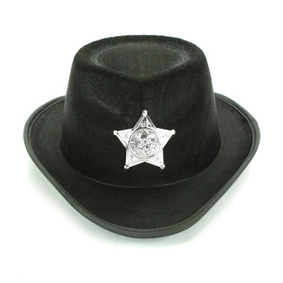 Chapéu cowboy preto com estrela de xerife prateada