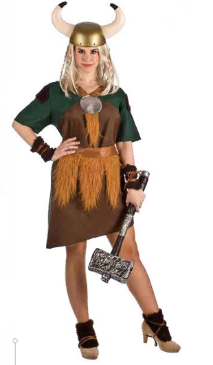 Fato de viking castanho com acessórios e capacete dourado com cornos.