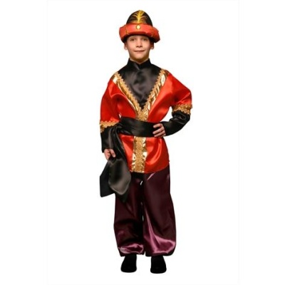 Fato infantil vermelho e preto com detalhes dourados e púrpura, touca vermelha com ornamento amarelo