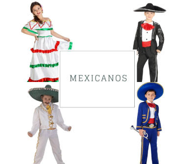 Quatro crianças em trajes típicos mexicanos coloridos com chapéus, fundo branco com texto MEXICANOS