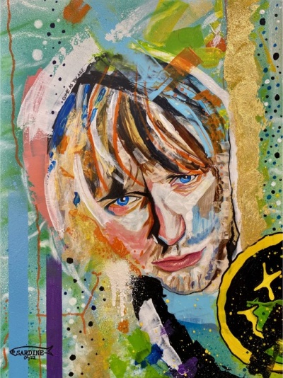 Pintura abstrata de rosto humano com olhos azuis e fundo colorido.