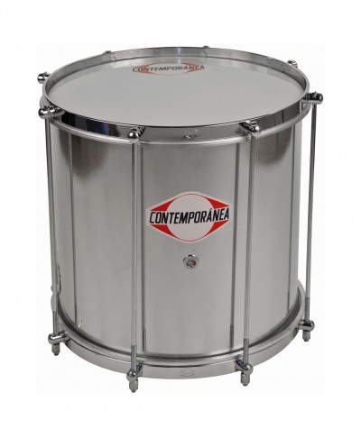 Tambor metálico prateado com pele branca e logótipo CONTEMPORÂNEA