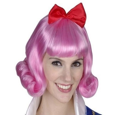 Peruca Branca de Neve cor rosa com de laço vermelho