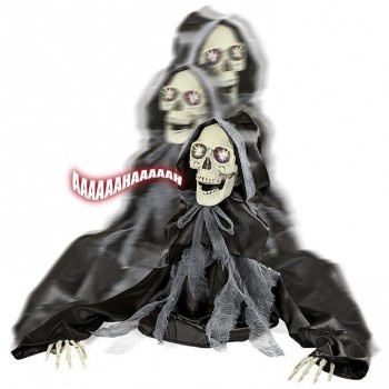 Figura decorativa de esqueleto com capuz preto e detalhes cinzentos