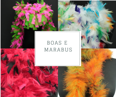 Boas e marabus coloridos em quatro tons diferentes com texto central