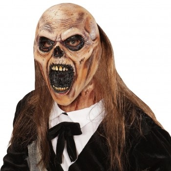 Máscara de caveira com cabelo e roupa preta e branca