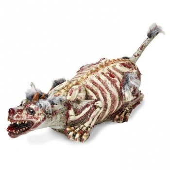 Figura decorativa esquelética de cão com pelo cinzento e preto