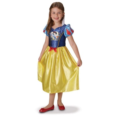 Vestido de fantasia infantil azul e amarelo com princesa estampada, menina com sapatos vermelhos