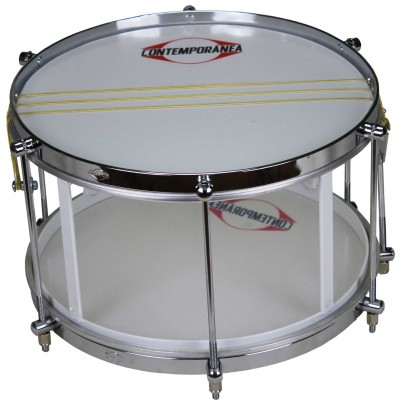 Tambor prata com pele branca e texto CONTEMPORANEA