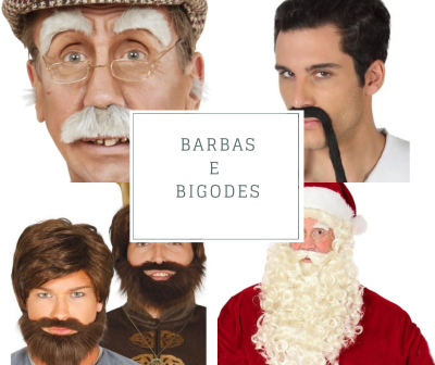 Quatro homens com diferentes tipos de barbas e bigodes, incluindo um homem vestido de Pai Natal.