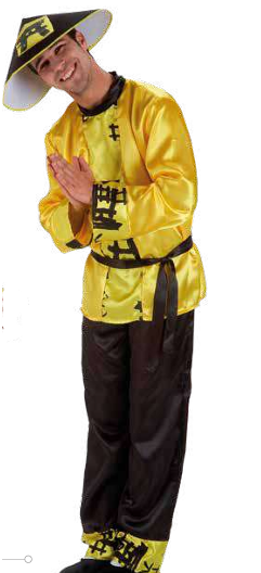 Fato tradicional amarelo e preto com padrão chinês e chapéu