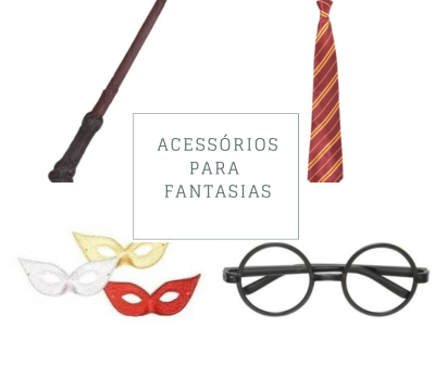 Acessórios de fantasia incluindo varinha, gravata listrada, máscaras brilhantes e óculos redondos pretos com texto central