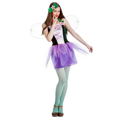 Fantasia de fada com saia de tule roxa e asas transparentes