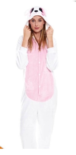 Macacão pijama integral feminino em tecido felpudo branco e rosa com capuz de urso