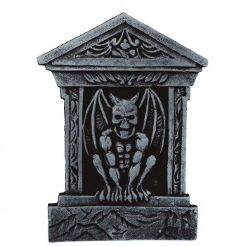 Escultura decorativa de pedra com gárgula em relevo cinzenta e preta