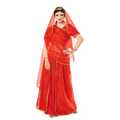 Mulher vestindo sari vermelho com bordados dourados e véu vermelho transparente.