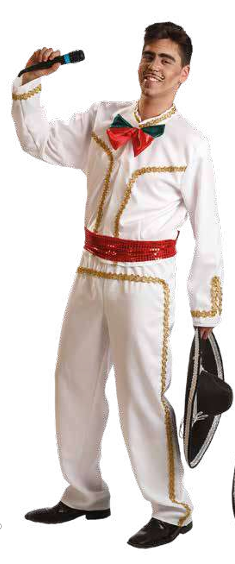 Homem com traje branco decorado e acessório de microfone e chapéu