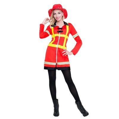 Roupa de bombeira para mulher com vestido vermelho e chapéu