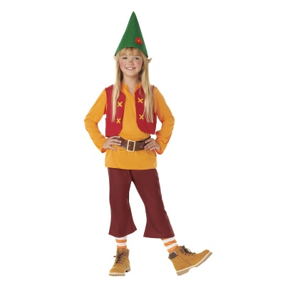 Fato de duende para criança com chapéu verde e roupa nas cores vermelha, amarela e castanha