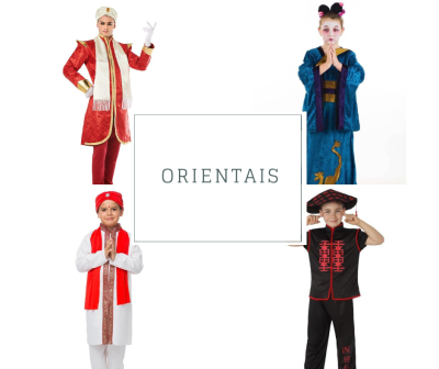 Quatro crianças com roupas tradicionais orientais em várias cores com texto ORIENTAIS ao centro.
