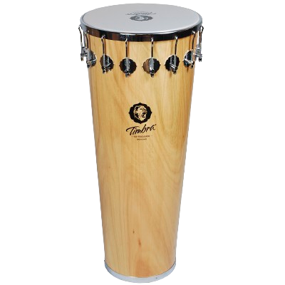 Djembe de madeira clara com pele branca e alças metálicas