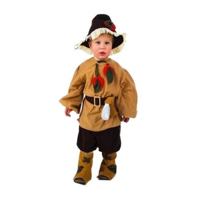 Fantasia de espantalho para criança com camisa castanha, calças pretas, botas e chapéu