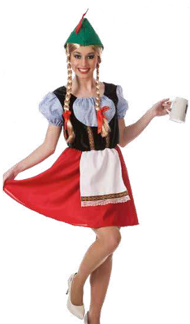 Mulher com fantasia tradicional e chapéu verde segurando uma caneca branca