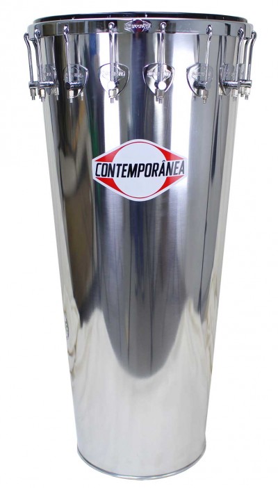 Tambor de aço cromado brilhante com tensores e etiqueta CONTEMPORÂNEA
