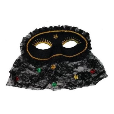 Máscara de gala preta com renda e decorações douradas