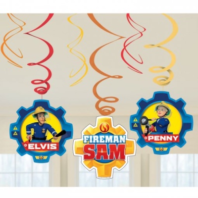 Suspensões decorativas em espiral com recortes do Fireman Sam e personagens Elvis e Penny