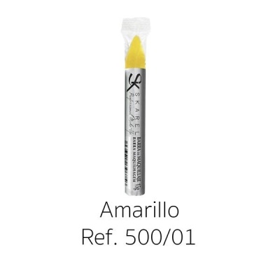 Pincel para maquilhagem amarelo em embalagem transparente com texto e referência