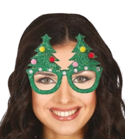 Óculos de árvore de Natal verdes com glitter e bolas coloridas