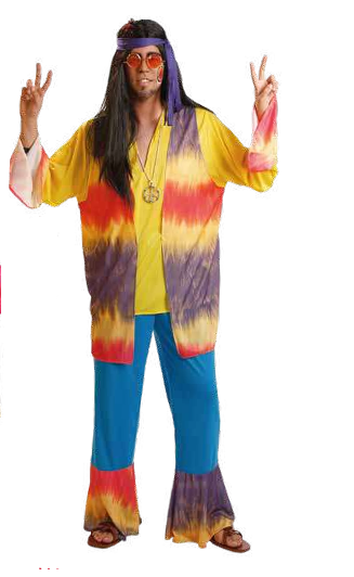 Homem vestido com fato hippie colorido com túnica e calças tie-dye, óculos redondos e colar