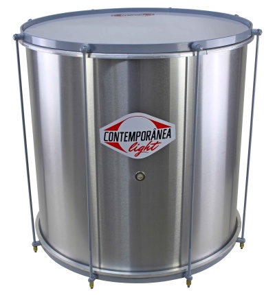 Tambor de percussão metal prateado com pele branca e etiqueta CONTEMPORÂNEA light