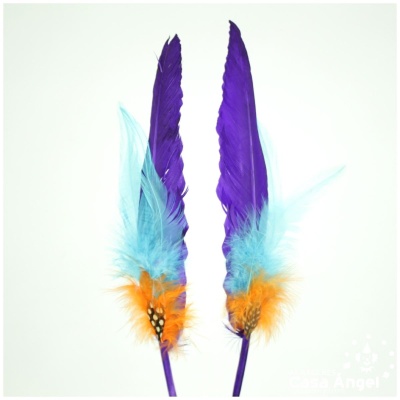 Duas penas decorativas coloridas com roxo, azul claro e laranja