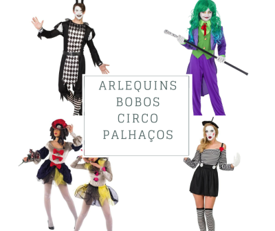 Pessoas vestidas de palhaços e arlequins, com texto central sobre fundo branco.
