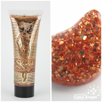 Tubo de gel cintilante Karel com glitter dourado e laranja e silhueta feminina