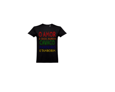 T-shirt preta com texto colorido em português