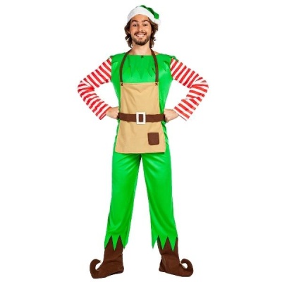 Fato de duende verde com avental bege e mangas às riscas vermelhas e brancas