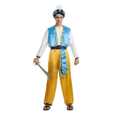 Homem com fato de Aladino azul e amarelo segurando espada curva