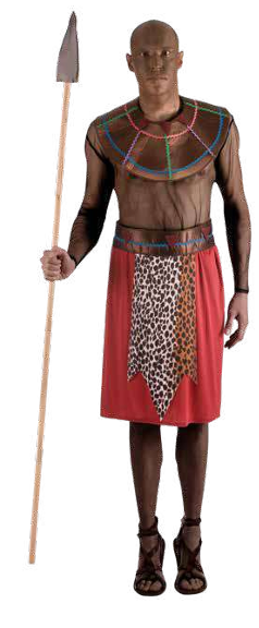 Homem com traje vermelho e estampado, colar colorido, camisa transparente, sandálias e lança